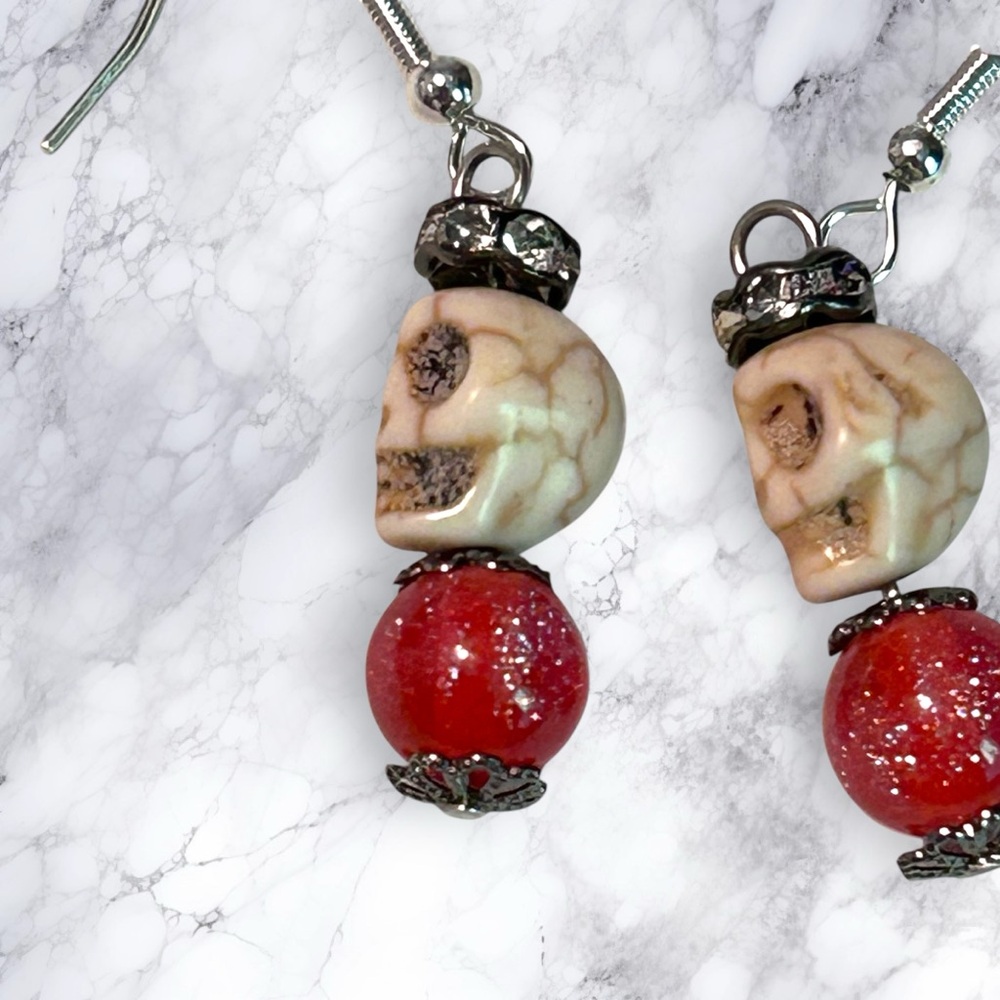 Hand Crafted Earrings Skulls White Red Rhinestones Dangle Long Pierced - Picture 2 of 7